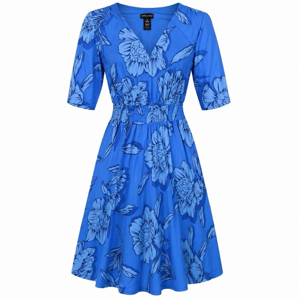 Kate and Lily Blue Floral Dress Size 8 Smocked Waist V Neck Knee Length A Line